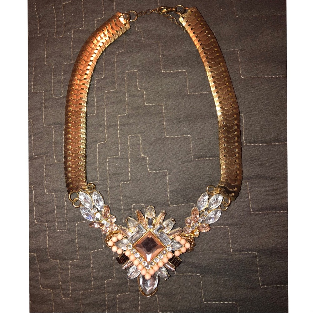 Gold, Pink & Rhinestone V Shape Necklace